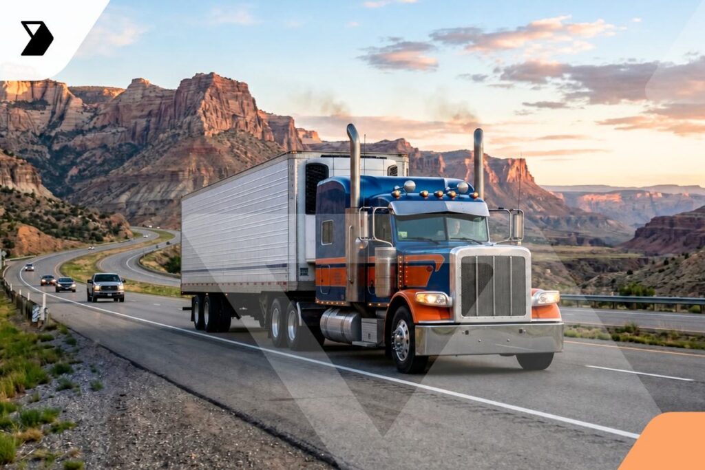 A blue and orange semi-truck with a trailer drives on a highway through a scenic desert landscape with rocky mountains and a partly cloudy sky at sunset.