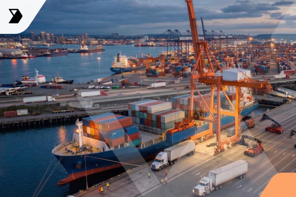A busy shipping port at dusk with stacked cargo containers, large cranes loading a container ship, and workers in safety gear highlights the efficiency described in The Supply Chain VP's Strategic Guide.