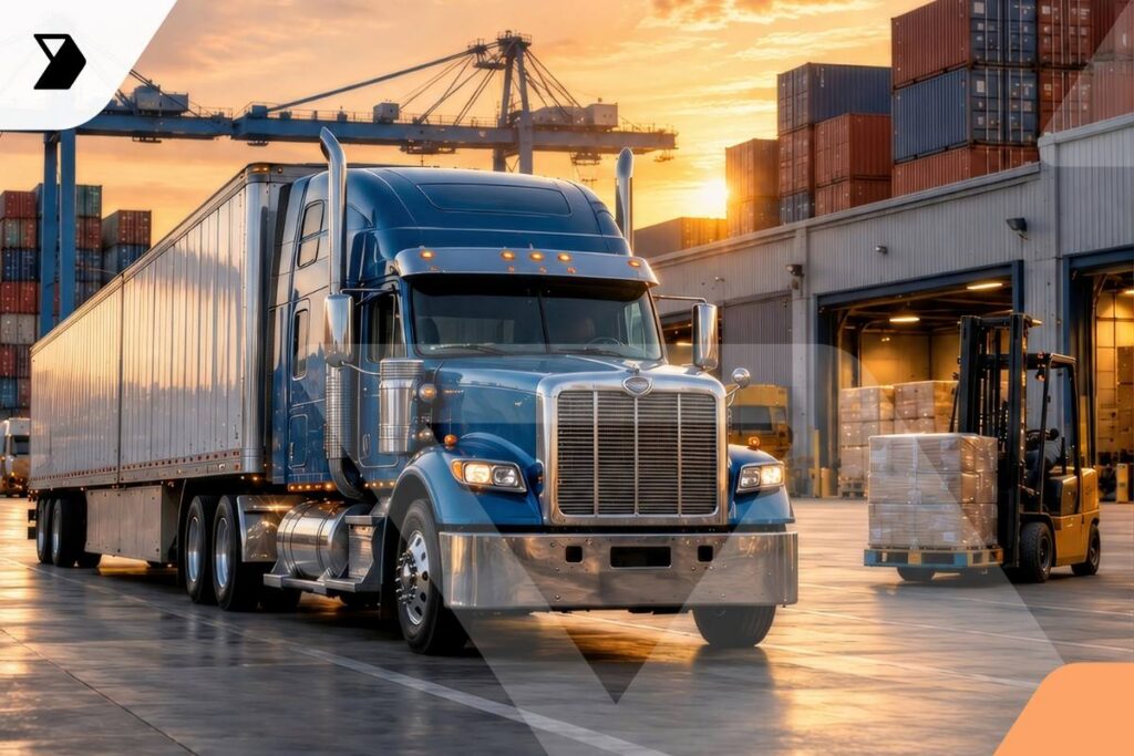 A blue semi-truck is parked at a busy shipping yard with stacked containers, a forklift moving pallets, and cranes visible in the background during sunset—an environment that perfectly illustrates what is a connected supply chain in action.