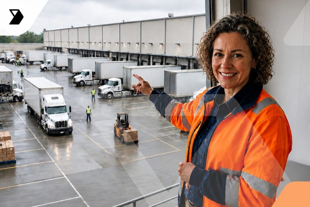 A smiling woman in a high-visibility orange jacket stands indoors, pointing out a large, busy warehouse loading dock with several trucks, trailers, forklifts, and workers in safety vests outside on a wet concrete lot.