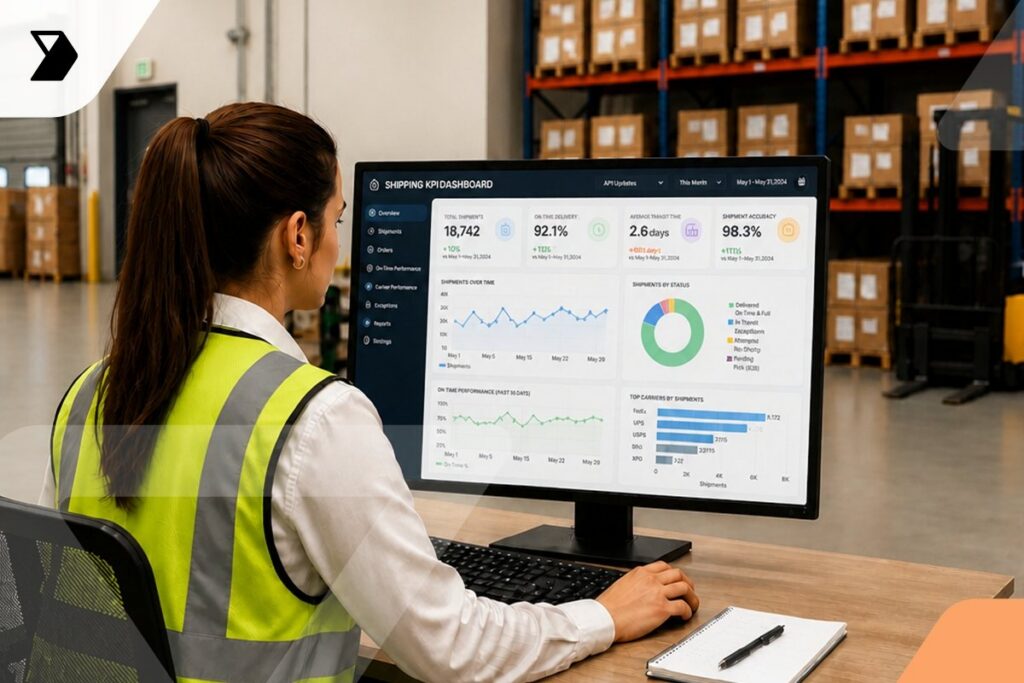 A woman in a high-visibility vest sits at a desk in a warehouse, looking at a computer monitor displaying a shipping dashboard with graphs, charts, and performance metrics. Boxes are stacked on shelves in the background.