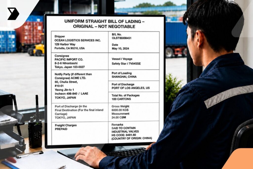 A man sits at a desk, viewing a computer screen displaying a Uniform Straight Bill of Lading document related to shipping and logistics. Leveraging Supply Chain SaaS Solutions, the screen lists shipment details, addresses, and cargo information with enhanced efficiency.