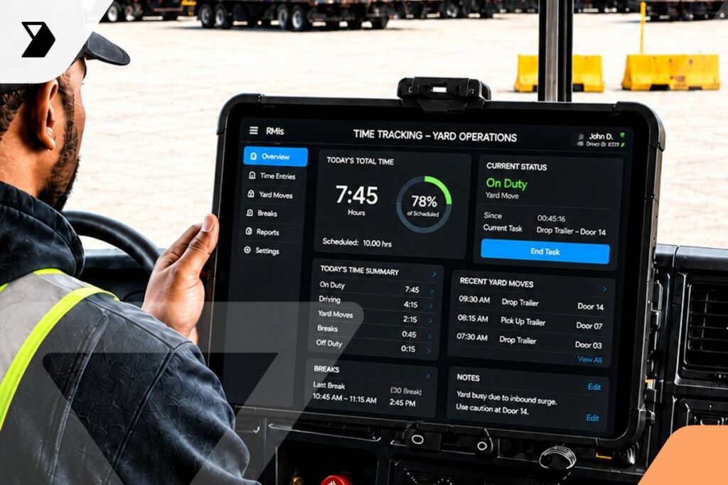 A person in a high-visibility vest uses a large touchscreen device displaying a time-tracking dashboard for yard operations, implementing time tracking to monitor hours, on-duty status, tasks, and notes inside a truck or industrial vehicle.