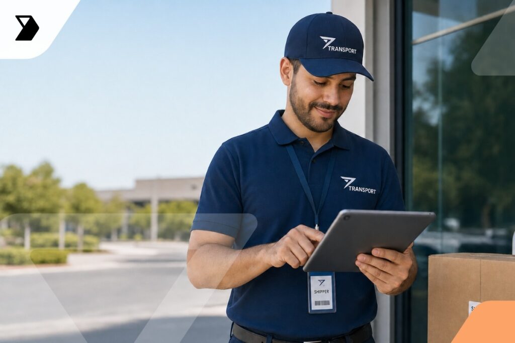 A delivery worker in a navy blue TRANSPORT uniform uses a tablet for Digital Pickup & Delivery outside next to packages, with a lanyard and ID badge, standing by a glass building on a sunny day.