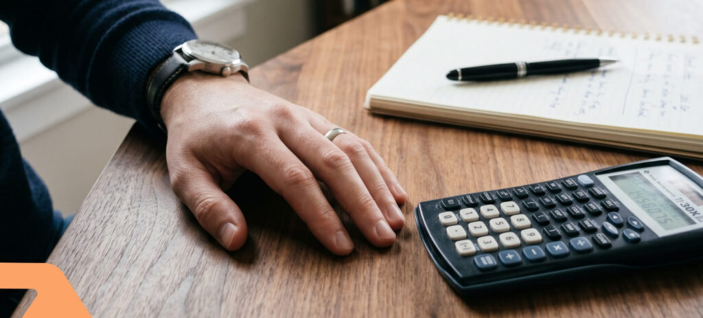 A person’s hand rests on a wooden desk near a calculator, a notepad with handwritten notes, and a pen. The person is wearing a wristwatch and a wedding ring.