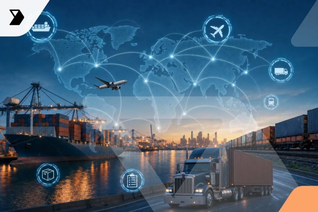 A cargo ship, freight train, and truck transport containers at a port. Overlaid icons and a world map illustrate global logistics, shipping, and interconnected supply chain networks.