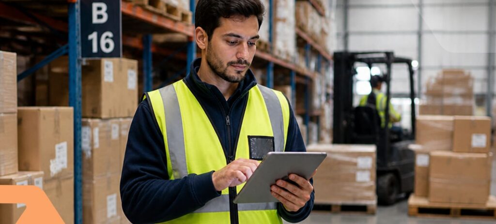 A warehouse worker in a high-visibility vest uses a tablet to check inventory while standing among stacked boxes; a forklift and another worker are visible in the background.