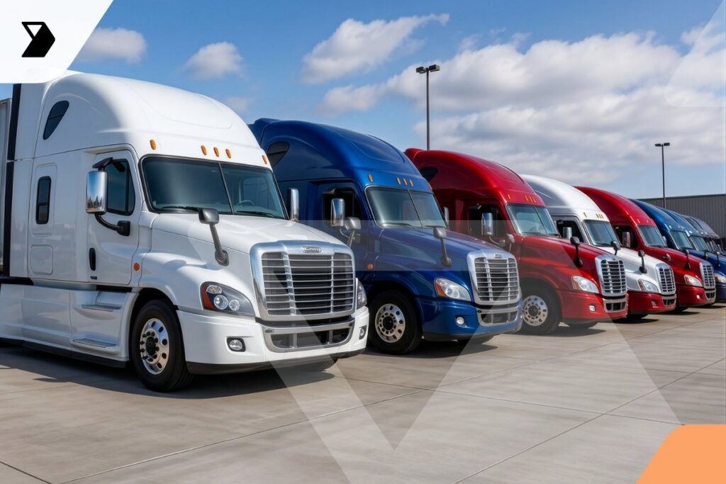 A row of colorful semi-trucks, including white, blue, and red, is parked on a concrete lot under a partly cloudy sky near a warehouse.