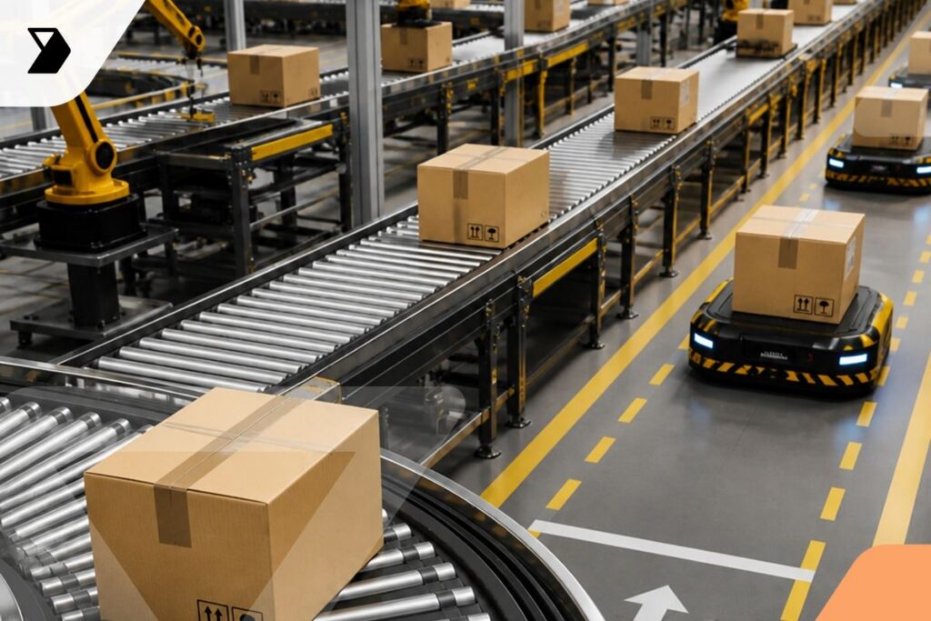 Conveyor belts and automated robots transport cardboard boxes in a modern warehouse or distribution center, showcasing an advanced logistics and packaging system.