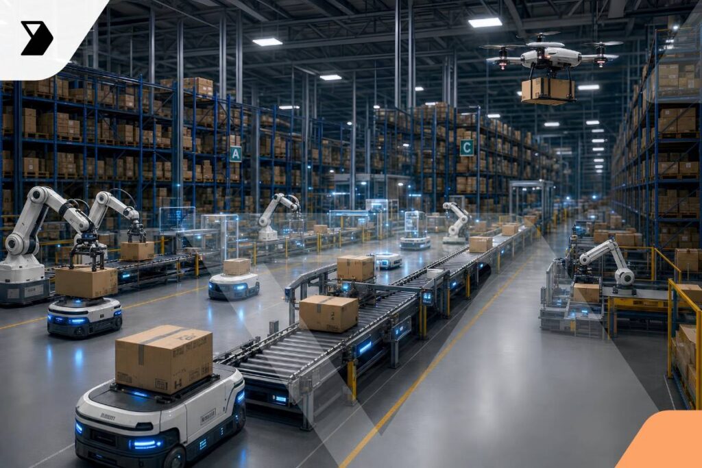 A modern warehouse with robots and conveyor belts moving boxes, robotic arms sorting packages, and a drone carrying a box showcases AI-Powered Yard Automation. Shelves filled with goods line the background, creating an automated logistics environment.