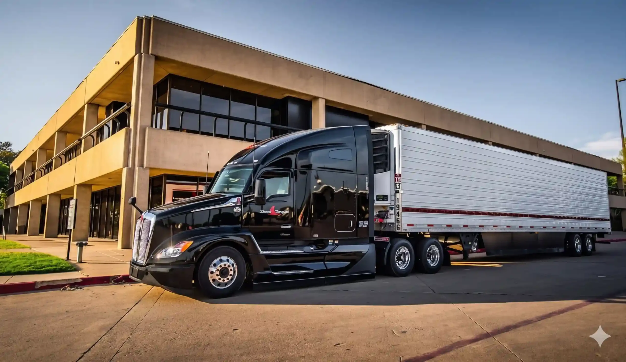A black Stevens Transport semi-truck with a large silver trailer is parked at an angle in front of a modern office building, showcasing how to enhance fleet operations under a clear blue sky.