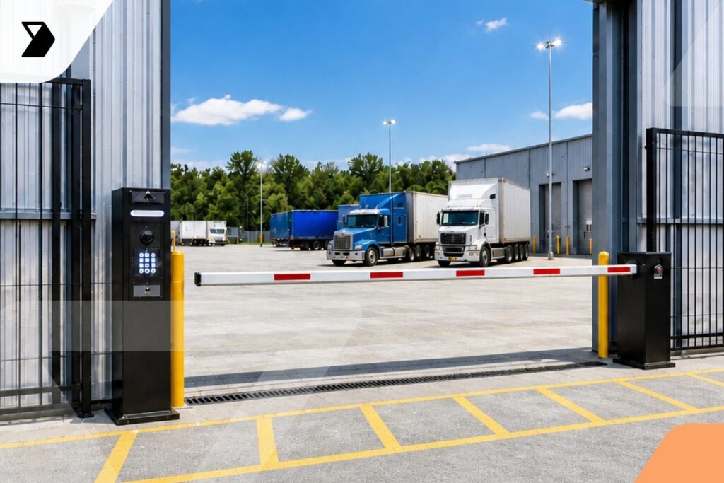 A security gate with a barrier arm blocks entry to a truck yard, where several semi-trucks are parked near large warehouse buildings under a blue sky.
