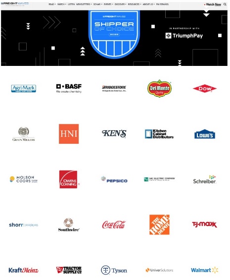 A webpage displays the Shipper of Choice logo at the top, sponsor logos including TriumphPay, and four rows of various company logos such as Kraft Heinz, Coca-Cola, Walmart, and The Home Depot.