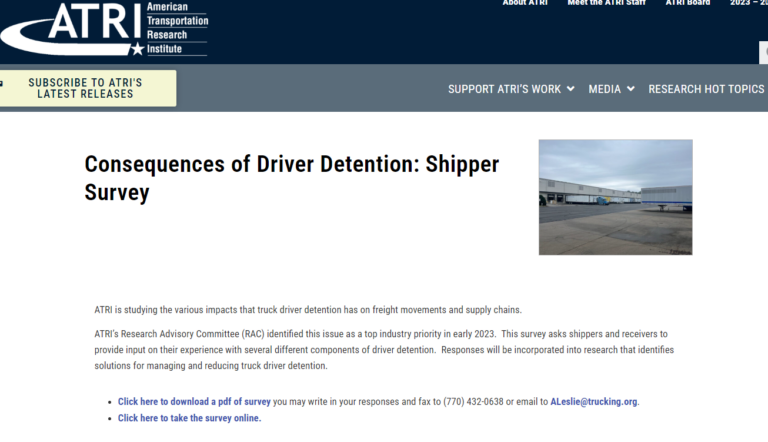 Screenshot of a webpage titled Consequences of Driver Detention: Shipper Survey, with an image of a warehouse and links to download a survey PDF or email responses.