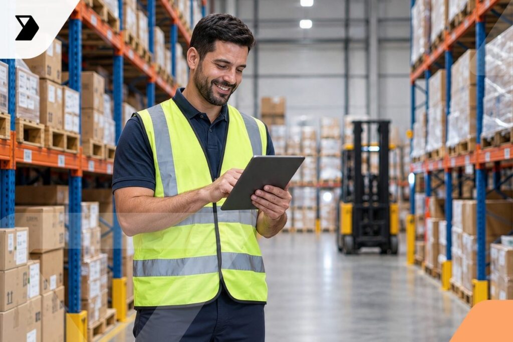 A smiling man in a yellow safety vest uses a tablet in a warehouse filled with shelves of boxes, demonstrating YMS integration, with a forklift visible in the background.