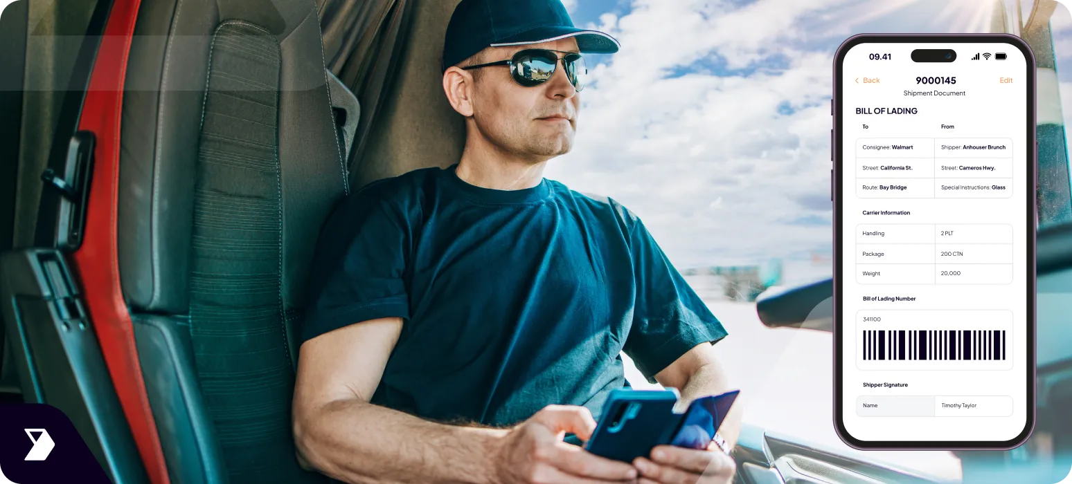 A man wearing sunglasses sits in a truck cab using a smartphone. Next to him is an enlarged phone screen displaying a digital bill of lading document with shipment details and a barcode.
