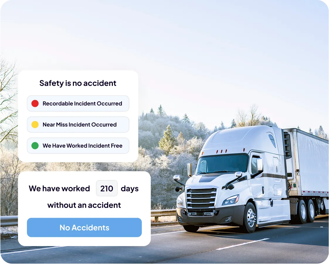A white semi-truck drives on a road beside snowy trees. Overlay text shows Safety is no accident with safety status indicators, highlights real-time YMS, and notes the company has worked 210 days without an accident.