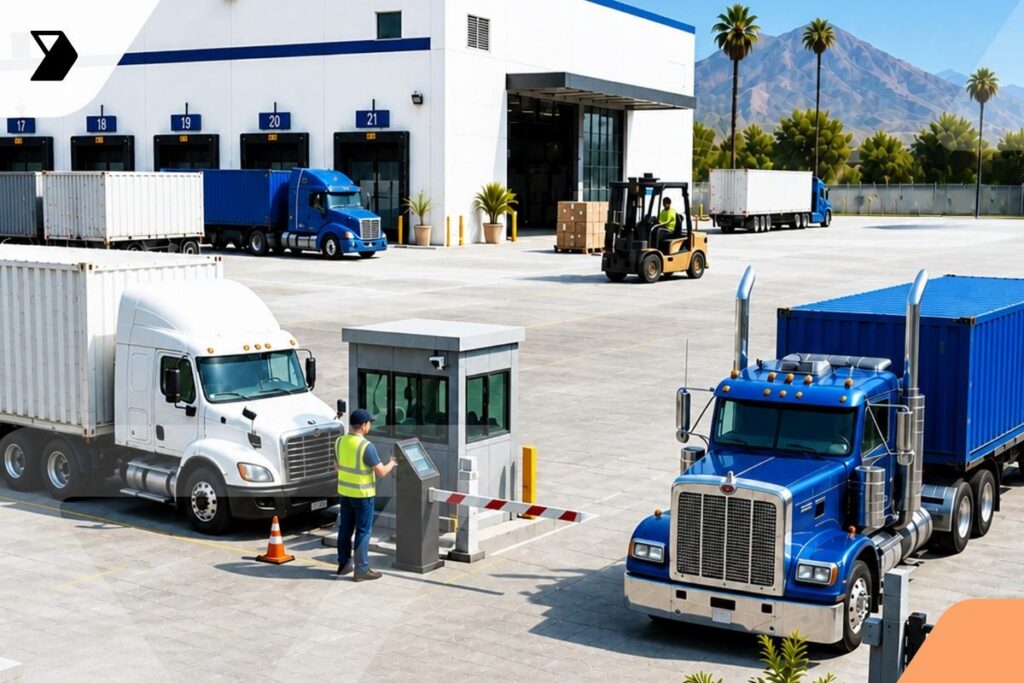 Two semi-trucks wait at a security checkpoint outside a large warehouse. A worker in a safety vest checks in one truck as a forklift loads cargo nearby. Palm trees and mountains are visible in the background.