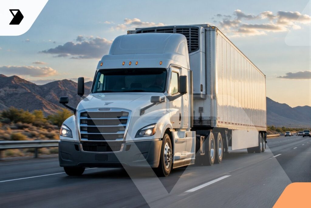 A large white semi-truck drives down a highway with mountains in the background and a partly cloudy sky overhead.