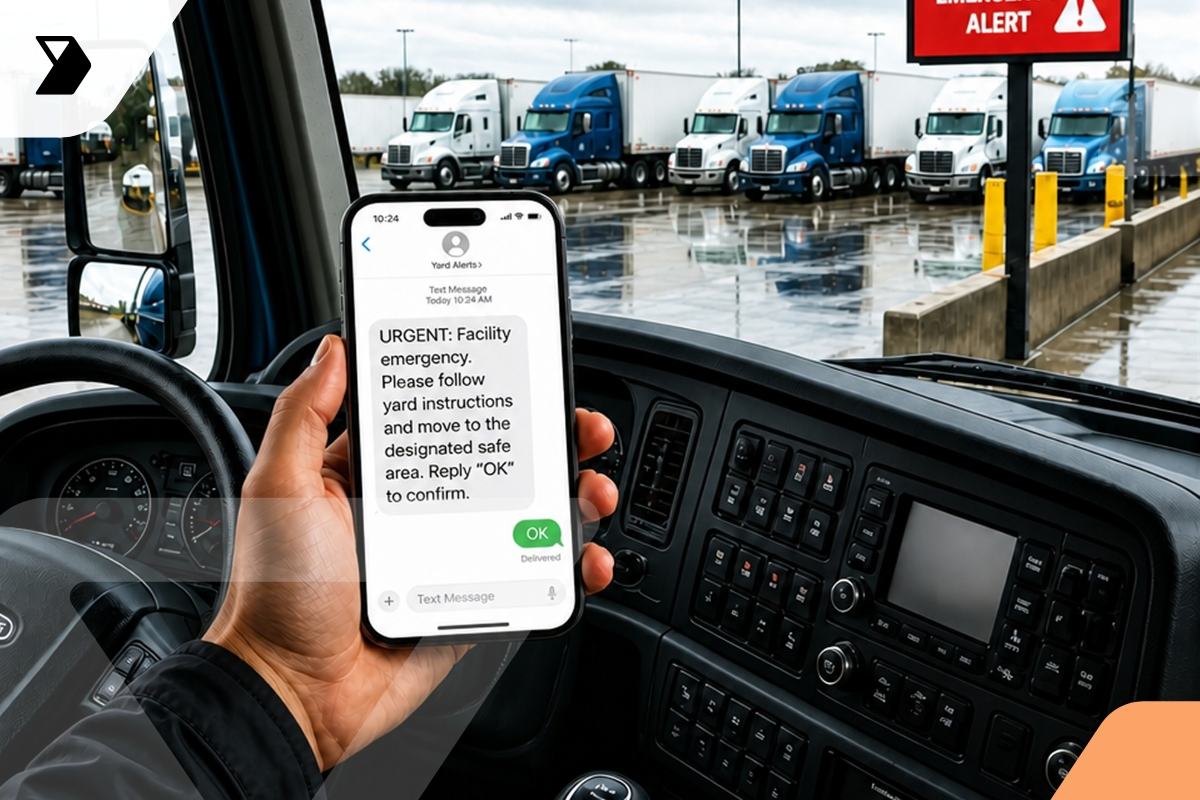 A person in a truck cab receives an emergency text instructing them to follow safety procedures, with multiple parked semi-trucks and wet pavement visible through the window.