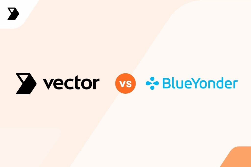 Logos and text for vector on the left and BlueYonder on the right, separated by an orange vs circle, on a light peach background.