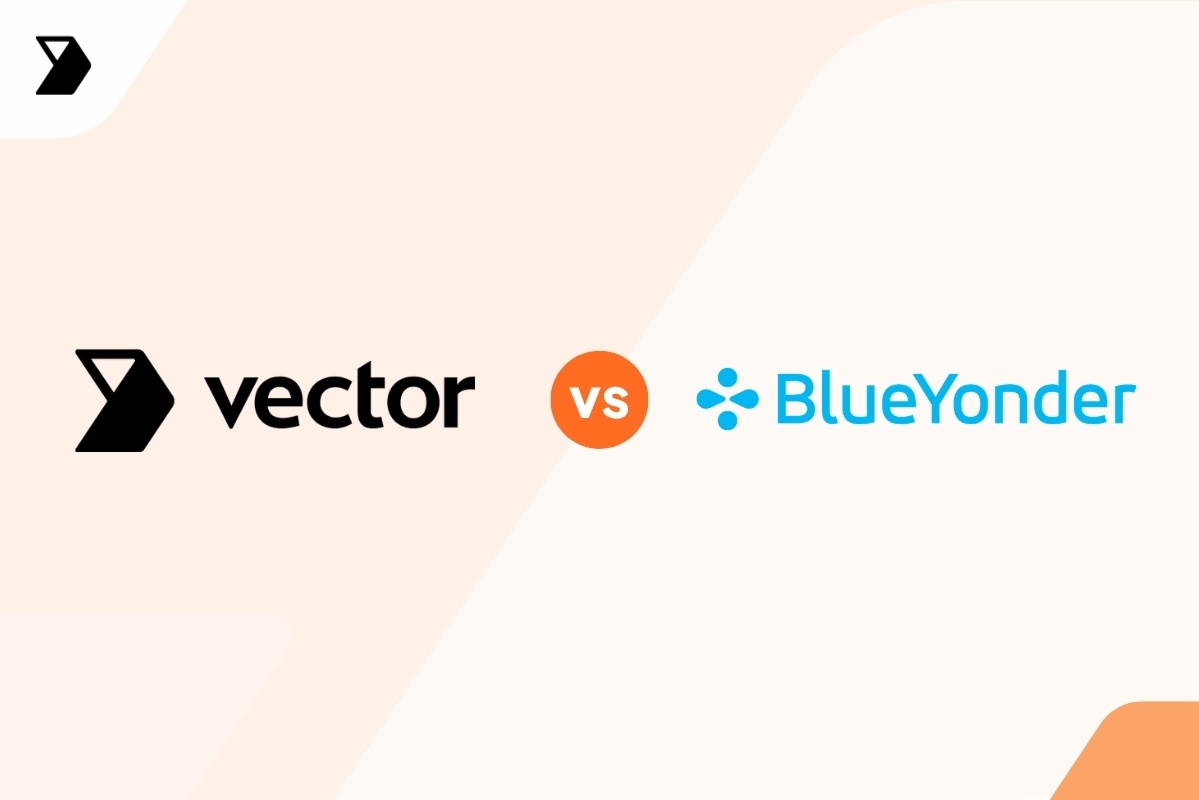 Logos and text for vector on the left and BlueYonder on the right, separated by an orange vs circle, on a light peach background.