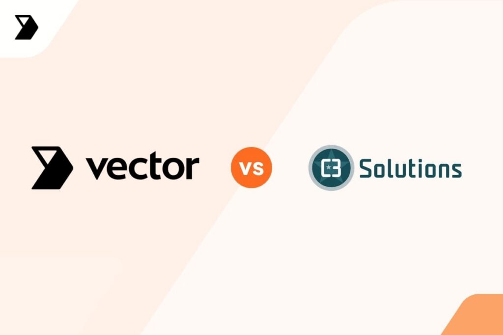 Logo comparison of Vector (left, black text and symbol) and C3 Solutions (right, blue text and circular symbol) with an orange vs circle in the center on a light background.