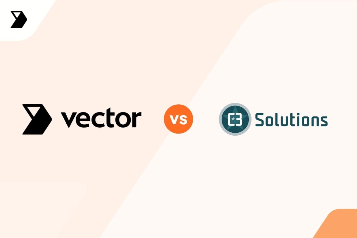 Logo comparison of Vector (left, black text and symbol) and C3 Solutions (right, blue text and circular symbol) with an orange vs circle in the center on a light background.