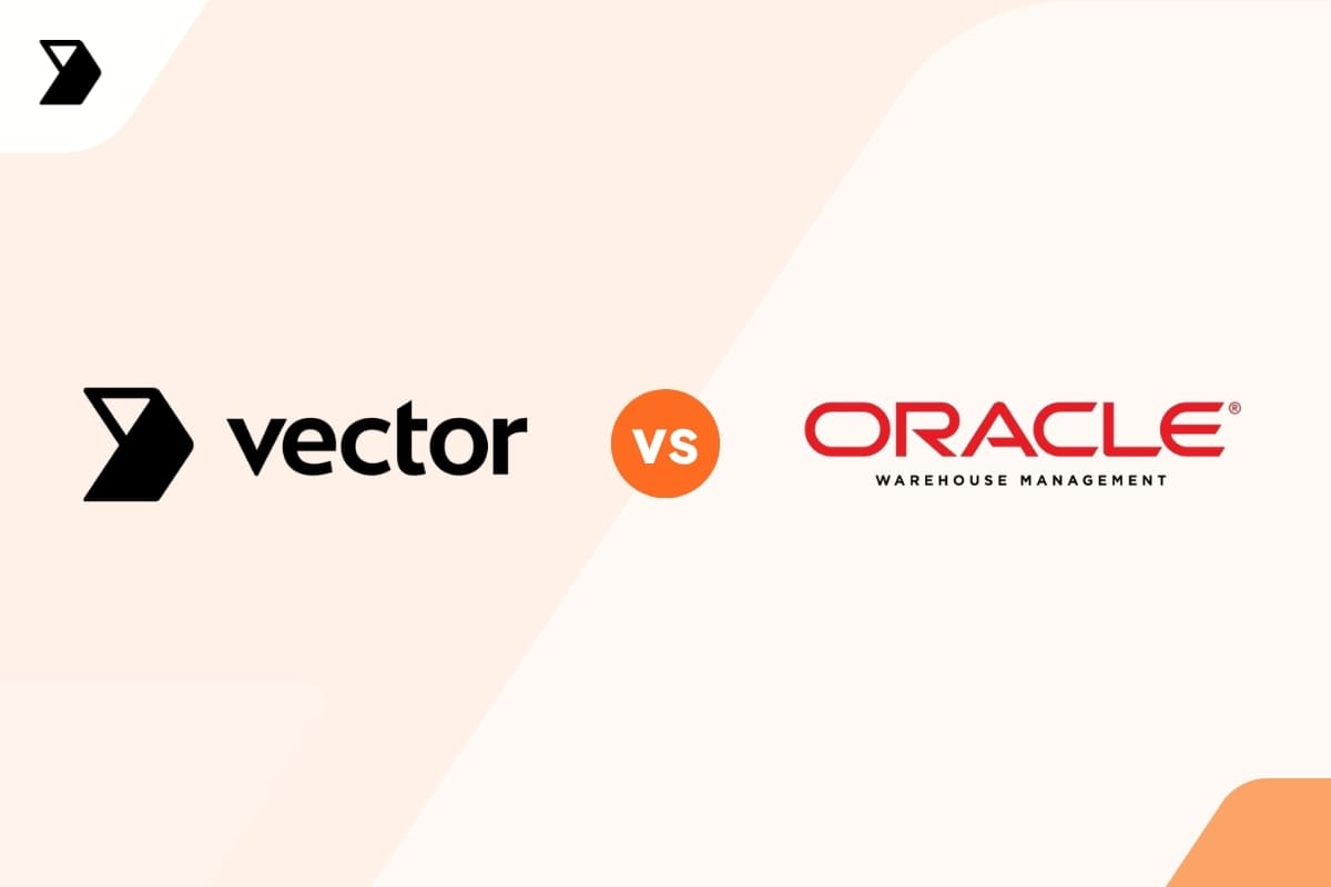 Vector logo and text on the left, orange vs circle in the center, and Oracle Warehouse Management logo and text on the right, all on a soft beige background.