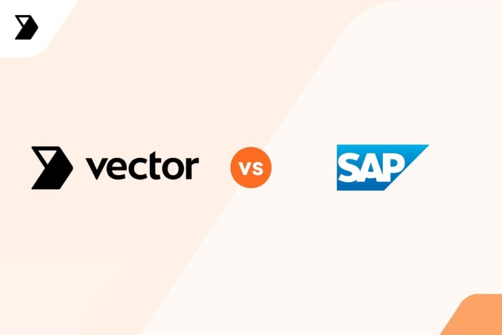 Logos of Vector (left) and SAP (right) with an orange vs circle between them, set against a light beige background with abstract shapes.