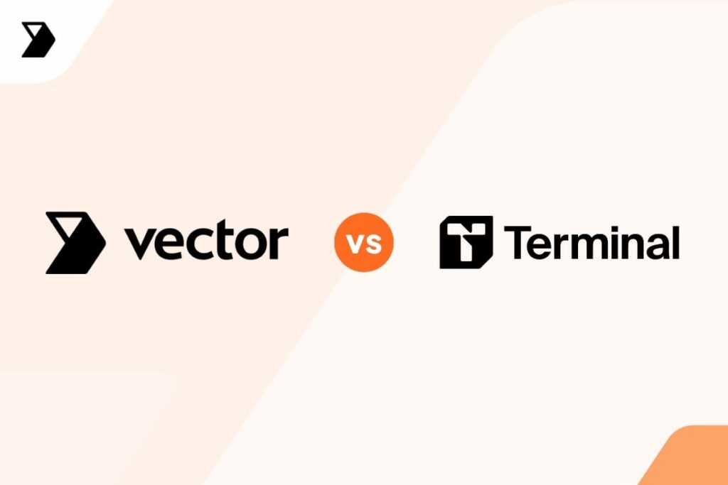 Vector logo and text on the left, vs in an orange circle in the center, Terminal logo and text on the right, all on a light geometric background.