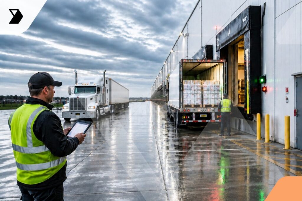 A worker in a safety vest uses a tablet near trucks unloading goods at a warehouse dock on a cloudy day. Another worker loads boxes from a truck into the warehouse.