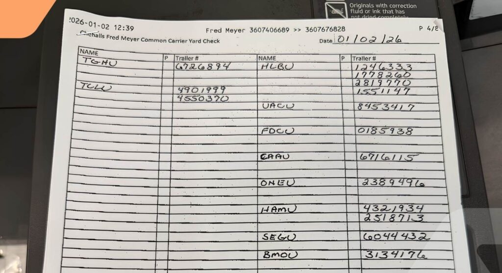 A handwritten logistics sheet lists carrier, trailer numbers, and codes dated 01/02/2023. Multiple rows display alphanumeric entries in black ink, titled Fred Meyer Common Carrier Yard Check..