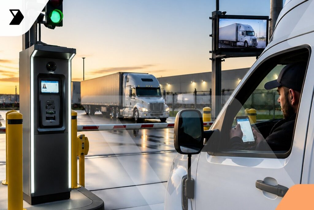 A man in a white van uses his phone at a gate with a green light, while a semi-truck passes through. Screens display the truck, and the scene is set at sunset near an industrial facility.