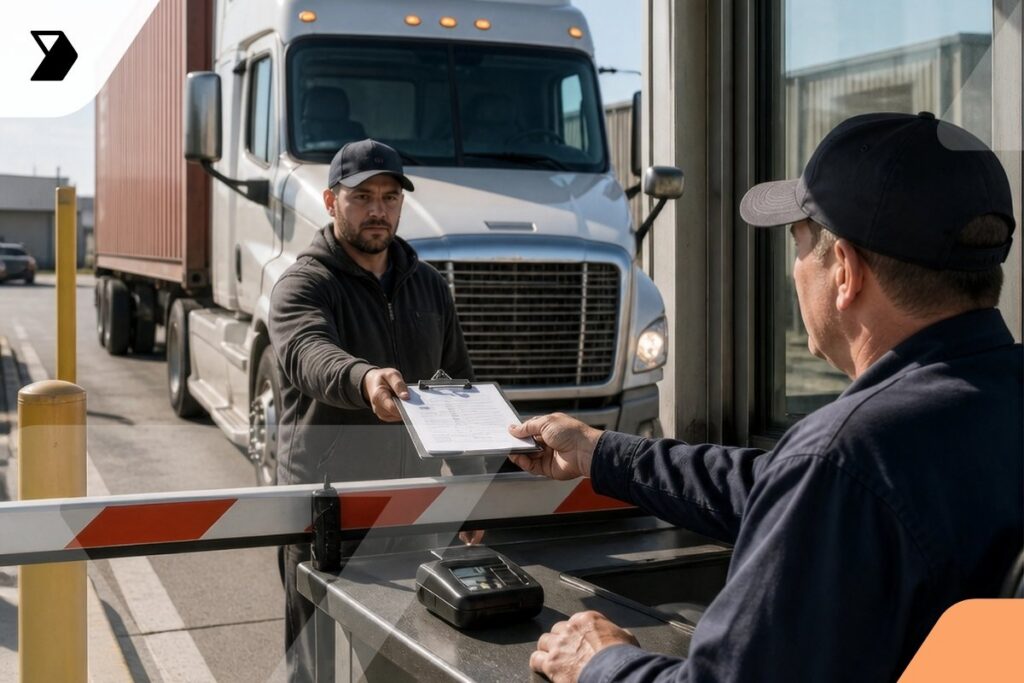 A truck driver hands documents on a clipboard to a security guard at a checkpoint, with a white semi-truck and cargo container visible in the background.