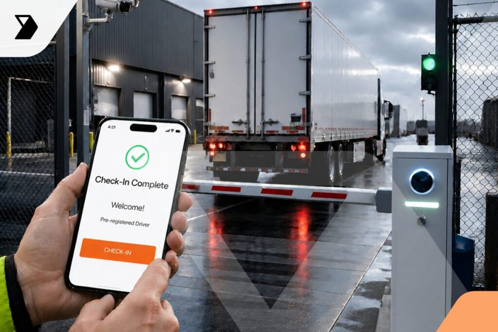 A person holds a phone showing a completed check-in screen as a semi-truck approaches a gated entrance at an industrial facility on a cloudy day.