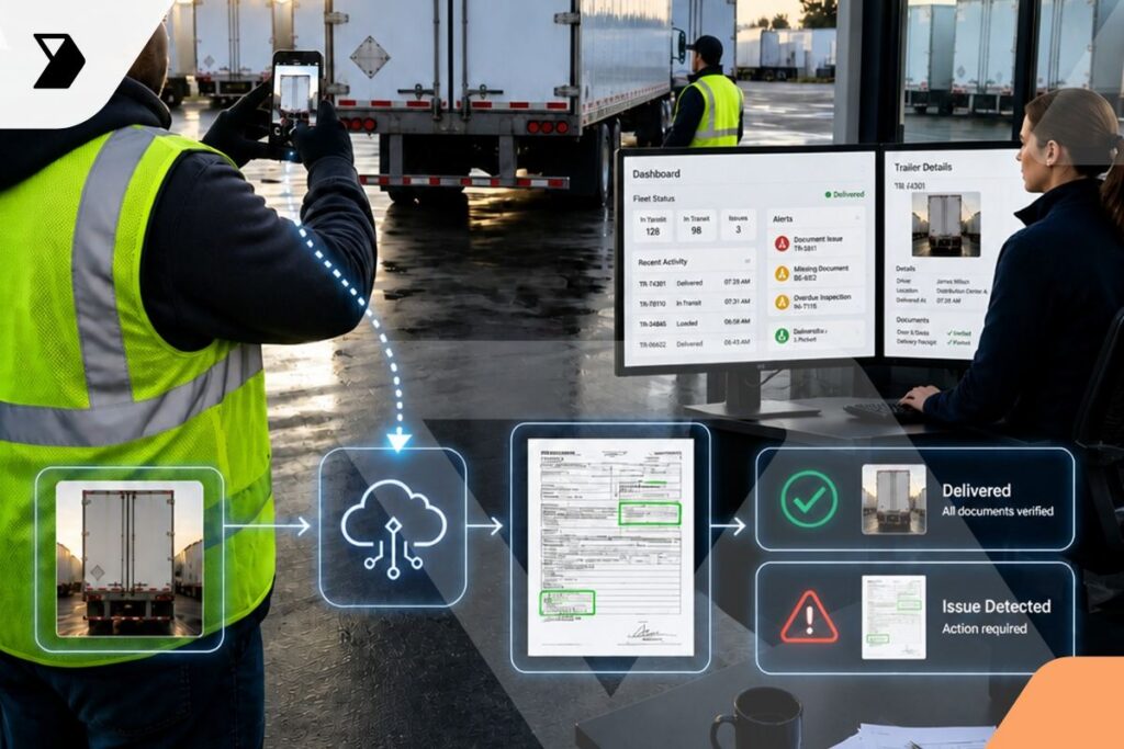 A worker photographs a trailer; a woman views delivery details on monitors indoors. A graphic shows digital document upload, verification, and issue detection steps, illustrating a logistics or delivery management process.