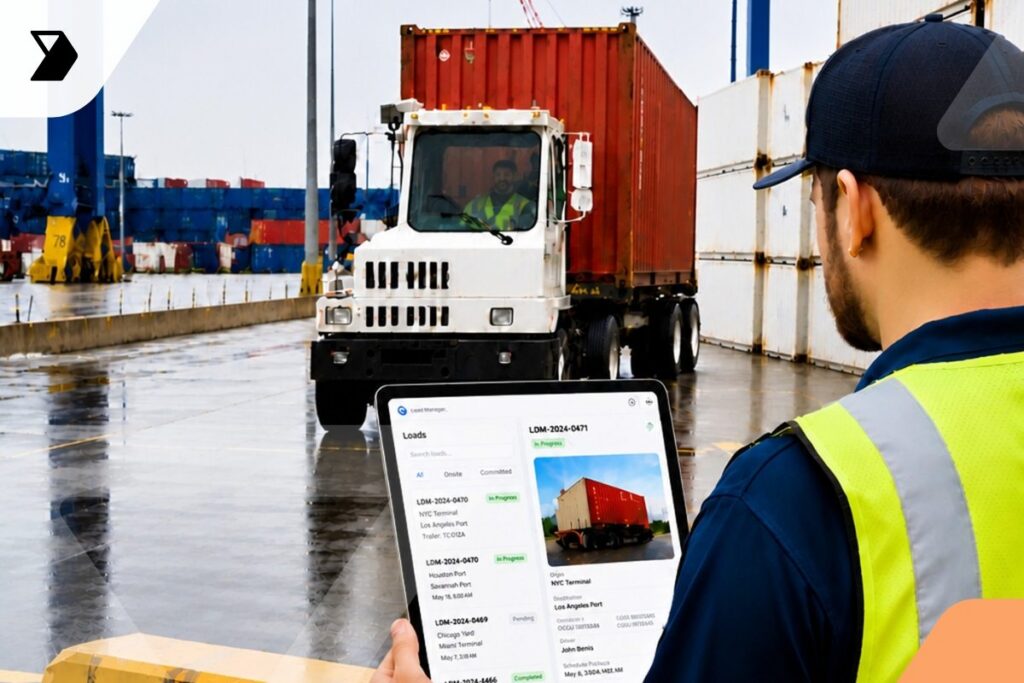 A worker in a safety vest holds a tablet showing freight details while observing a white truck hauling a red shipping container at a busy port.