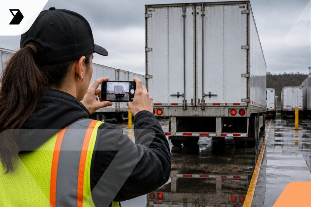 A person in a safety vest and cap takes a photo of a white semi-trailer truck with their phone in a parking lot on a cloudy day.