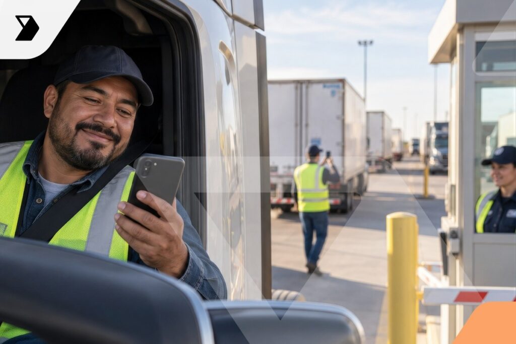 A smiling truck driver in a safety vest looks at his phone in his truck. Other workers in safety vests stand near trucks and a booth at an industrial checkpoint.