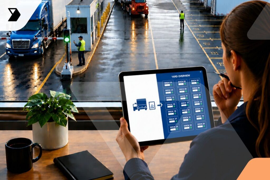 A person holds a tablet showing a yard overview map, overlooking a logistics yard with trucks, a guard, and workers near loading docks on a rainy day.
