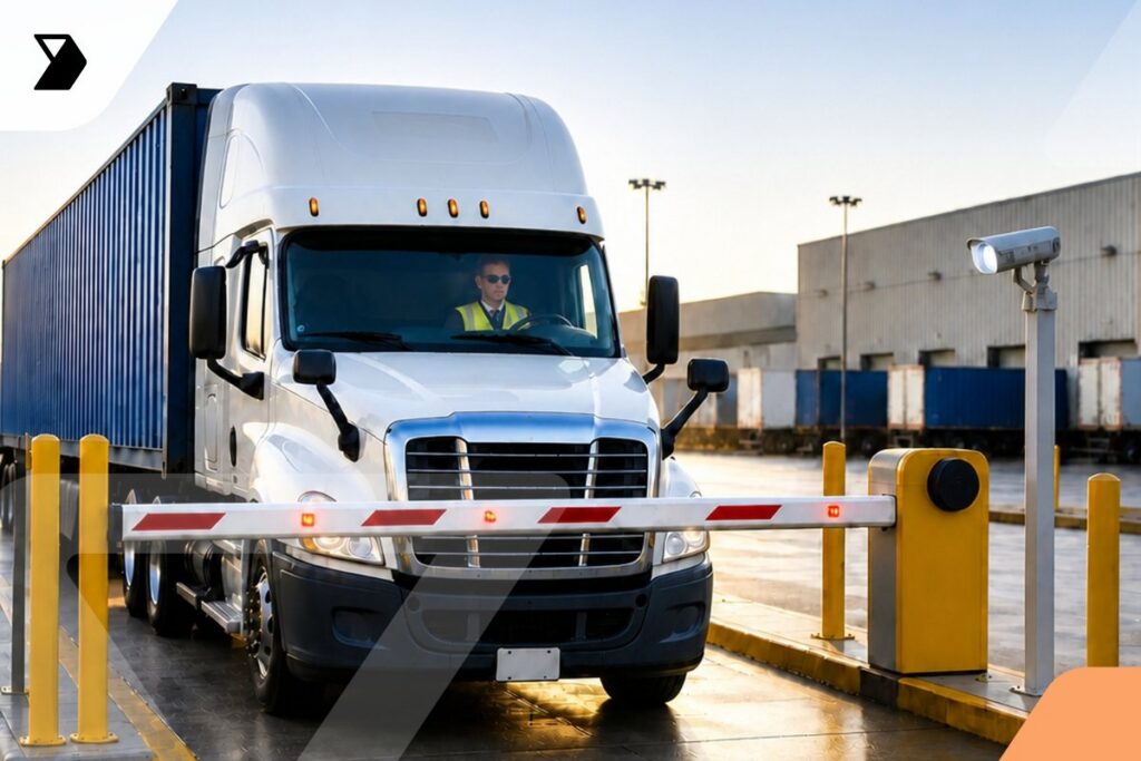 A white semi-truck waits at a security gate, driven by a person wearing a safety vest and sunglasses, near a warehouse building under a clear sky.