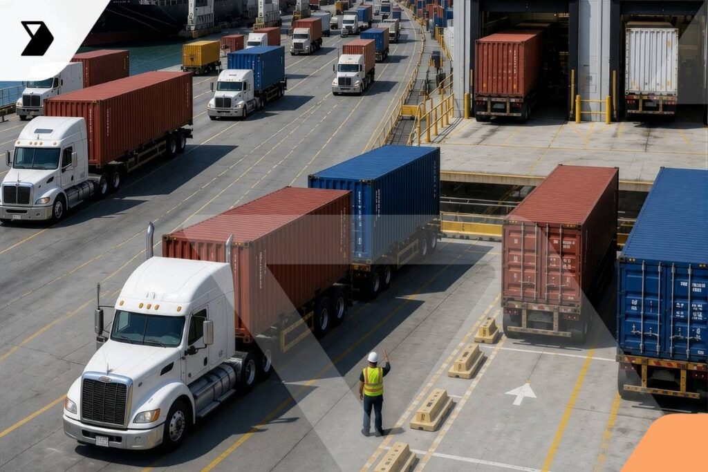 Several semi-trucks with large shipping containers line up at a port terminal. A worker in a yellow vest stands directing traffic. Stacks of containers and a ship are visible in the background.