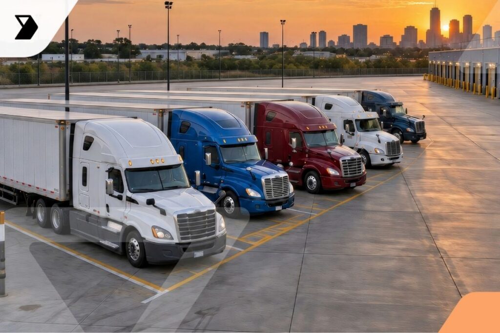 Five semi trucks in various colors are parked in a row at a large, empty lot near a warehouse at sunset, with a city skyline visible in the background.