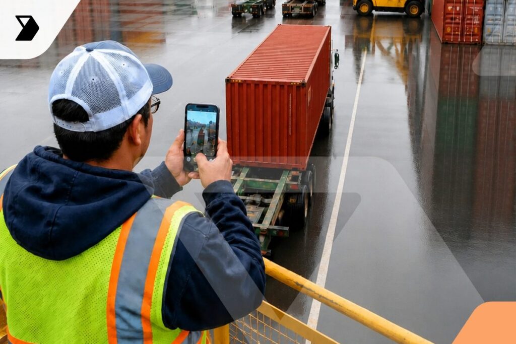 A person in a safety vest and cap takes a photo of a red shipping container on a truck at a wet shipping yard using a smartphone.