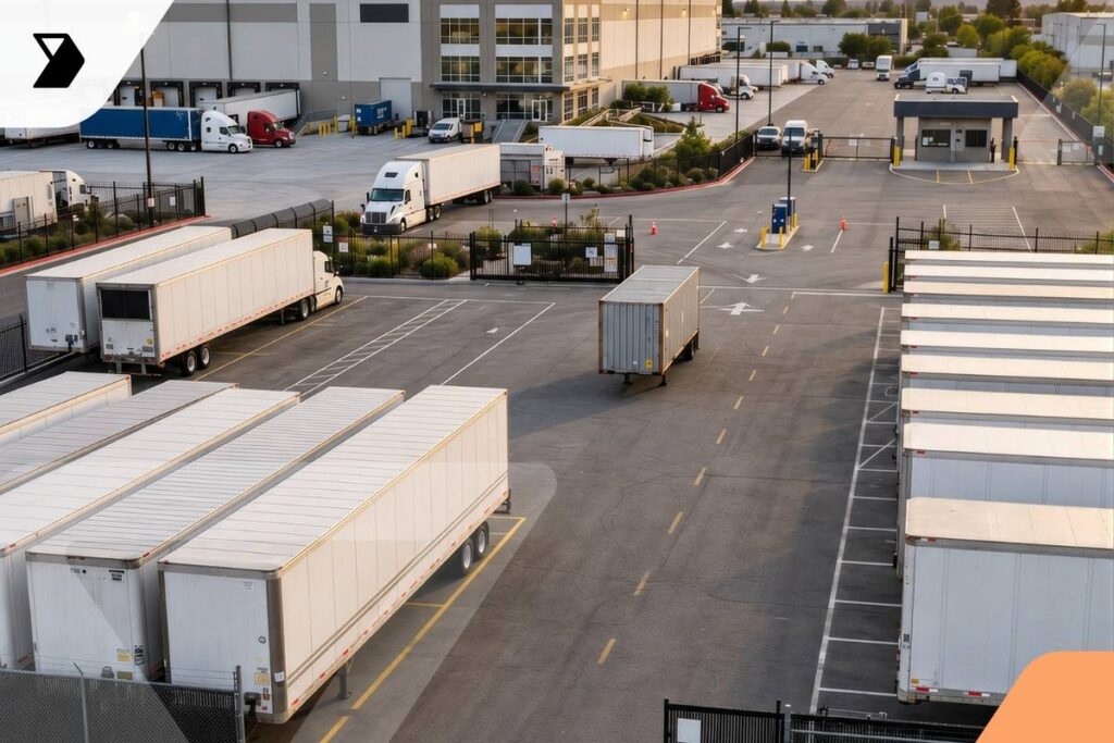 Several white semi-trailers are parked in a large, fenced industrial lot near a warehouse, with trucks and a security gate visible in the background.