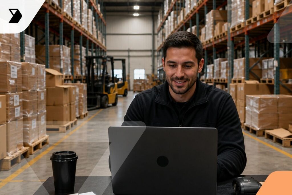 A man sits at a table working on a laptop in a warehouse filled with shelves of cardboard boxes. A forklift is visible in the background, and a coffee cup sits next to the laptop.