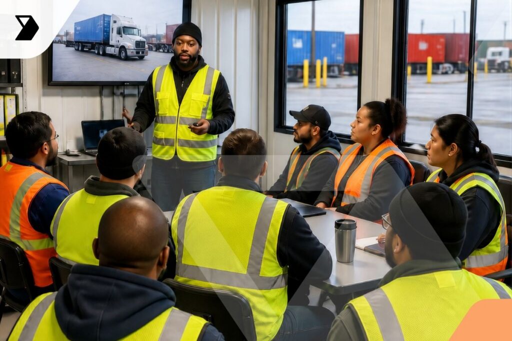 A man in a safety vest leads a training session for workers in high-visibility jackets, showing a truck image on a screen. The group sits at tables in a bright room with large windows and a view of shipping containers outside.