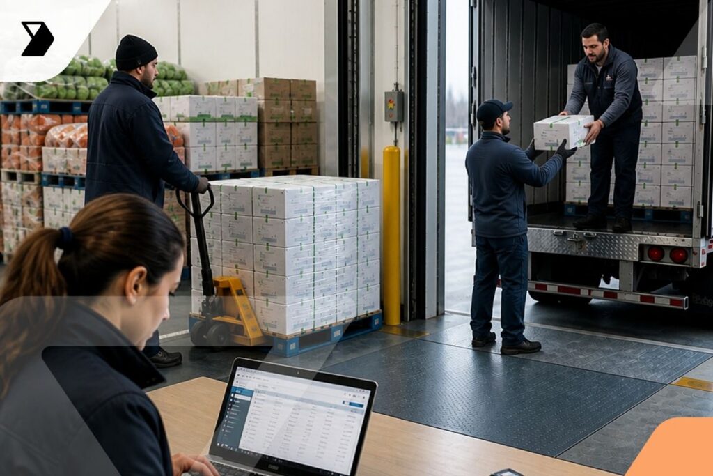 Four workers handle warehouse tasks: one uses a laptop, another operates a pallet jack, while two unload boxes from a truck. Pallets of vegetables are stacked nearby. The setting appears organized and professional.