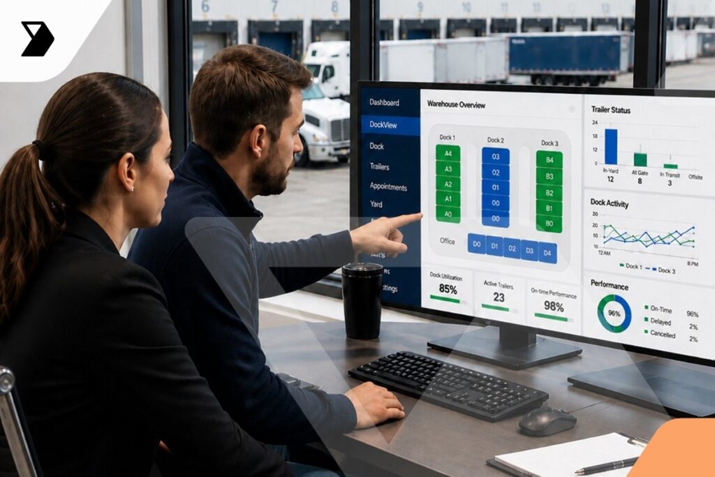 Two people sit at a desk looking at a computer monitor displaying colorful warehouse analytics, including charts, graphs, and status tables, in a modern office with large windows and a warehouse seen outside.